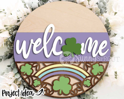 Welcome Clover Rainbow Sign, Digital Download, SVG Laser Cut File, Cricut, Round Door Hanger Design, St. Patrick's Day Decor