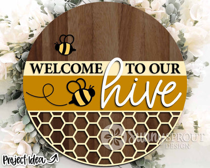 Welcome To Our Hive Honeycomb Bee Sign, Digital Download, SVG Laser Cut File, Summer Round Door Hanger Design