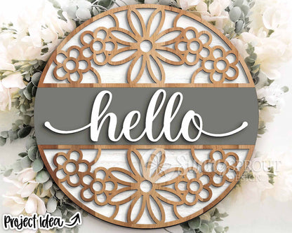 Hello Flower Pattern Round Sign, Digital download, SVG Laser cut file, Cricut, Round door hanger design, Easter spring summer decor