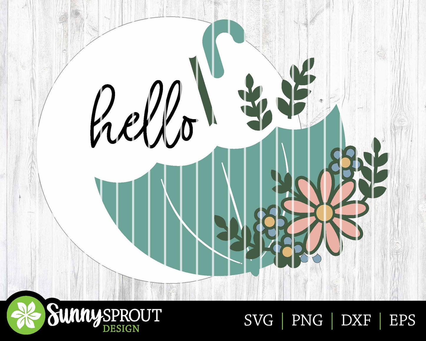 Hello Upside Down Umbrella Flower Sign, Digital download, SVG Laser cut file, Cricut, Round door hanger design, Spring Easter decor