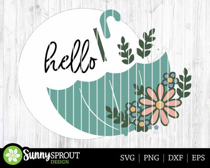 Hello Upside Down Umbrella Flower Sign, Digital download, SVG Laser cut file, Cricut, Round door hanger design, Spring Easter decor