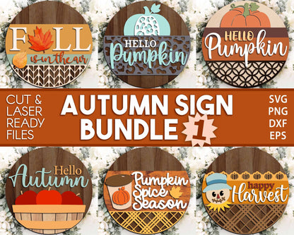 Autumn Laser Sign Bundle 1, Round door hanger, Glowforge laser file, Cricut, Fall welcome sign svg, Hello pumpkin svg
