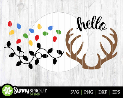Hello Reindeer Lights Sign, Digital Download, SVG Laser Cut File, Cricut, Round Door Hanger Design, Modern Christmas Decor