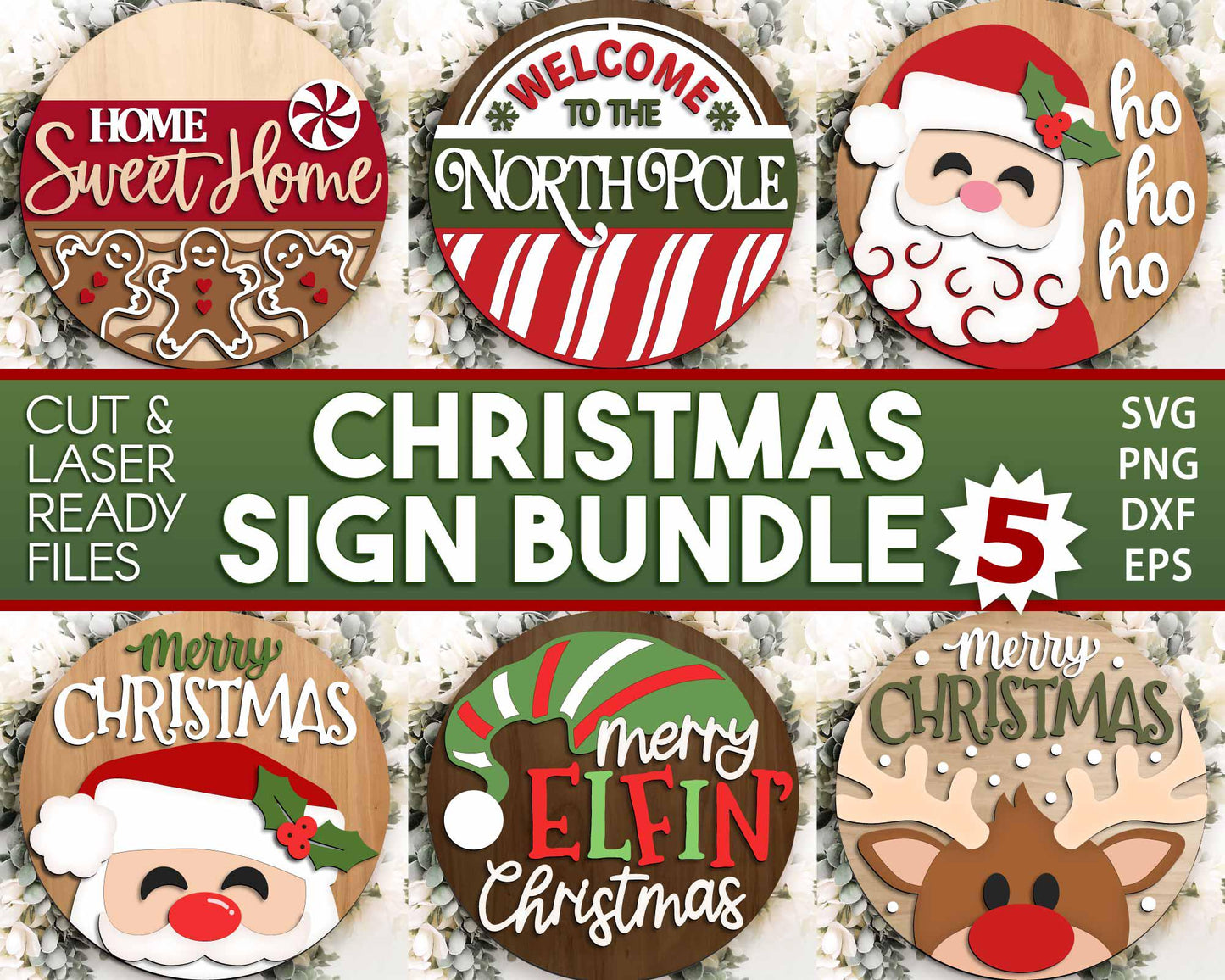 Christmas Laser Sign Bundle 5, Round door hanger, Glowforge laser cut file, Holiday welcome sign svg, Winter decor svg