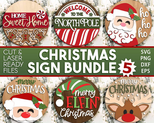 Christmas Laser Sign Bundle 5, Round door hanger, Glowforge laser cut file, Holiday welcome sign svg, Winter decor svg