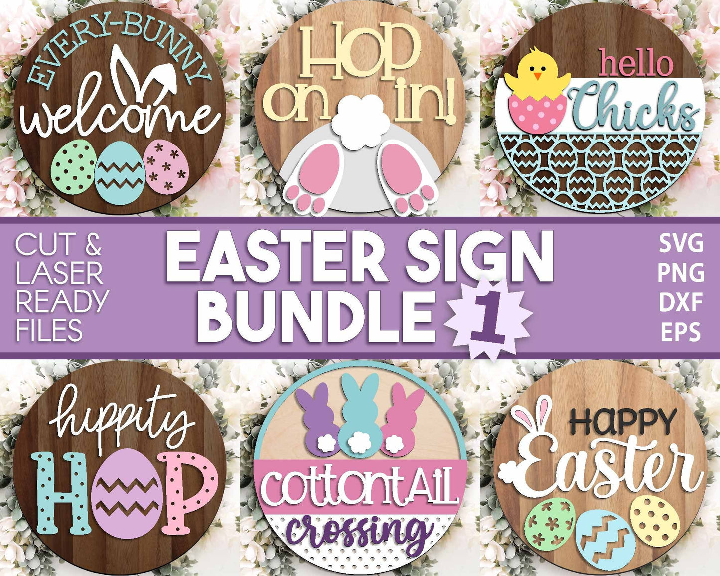 Easter Sign Bundle 1, Round door hanger svg, Glowforge laser file, Cricut cut file, Spring welcome sign svg, Easter bunny