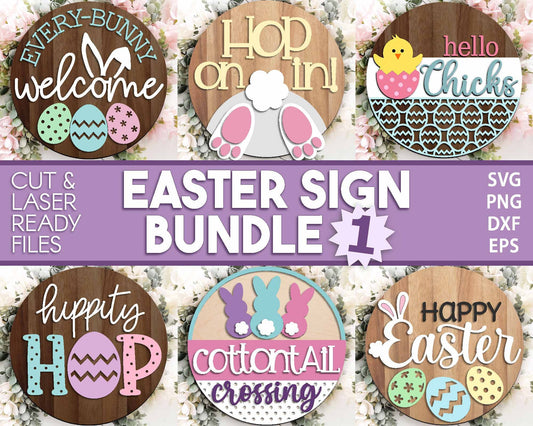 Easter Sign Bundle 1, Round door hanger svg, Glowforge laser file, Cricut cut file, Spring welcome sign svg, Easter bunny