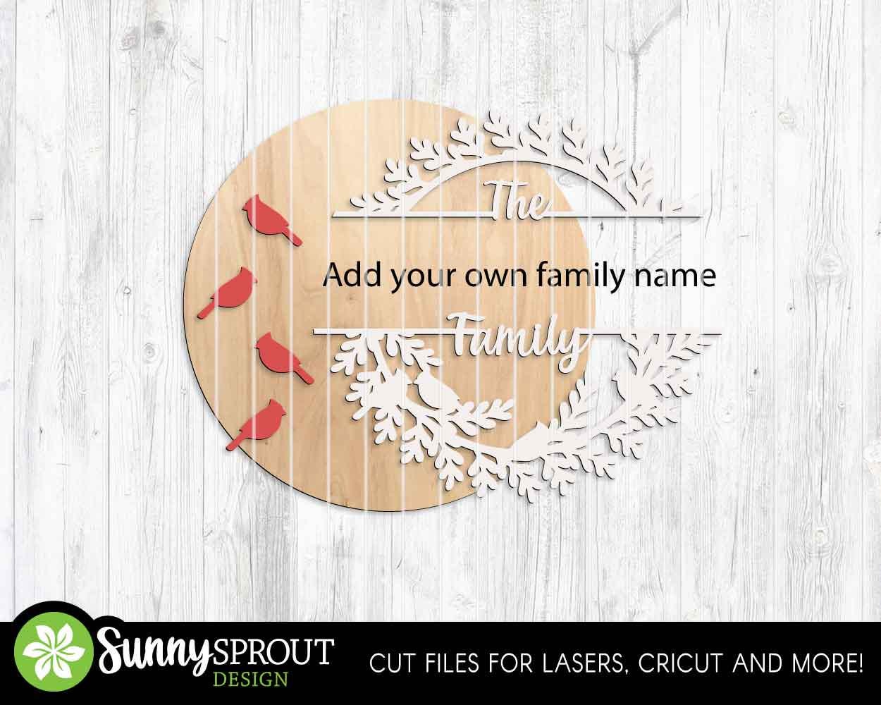 Cardinal Split Frame Family Name Monogram Sign, Digital Download, SVG Laser Cut File, Cricut, Round Door Hanger Design, Christmas Decor