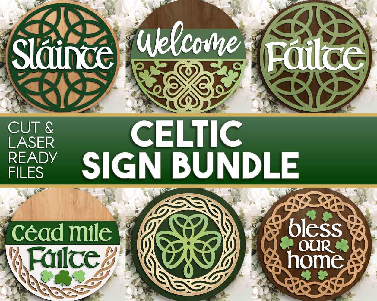 Celtic Sign Bundle, Round door hanger SVG, Glowforge laser cut file, Cricut, St. Patrick's Day welcome sign, Fáilte SVG