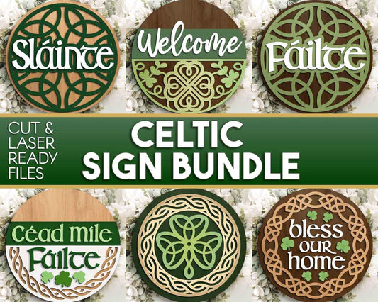 Celtic Sign Bundle, Round door hanger SVG, Glowforge laser cut file, Cricut, St. Patrick's Day welcome sign, Fáilte SVG