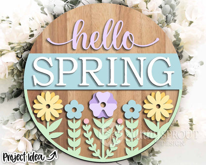 Hello Spring Flower Sign, Digital download, SVG Laser cut file, Cricut, Round door hanger design