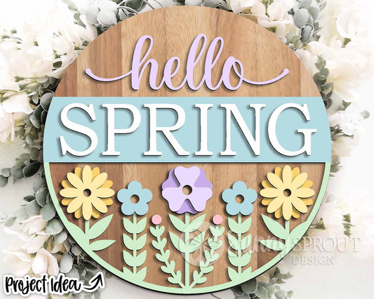 Hello Spring Flower Sign, Digital download, SVG Laser cut file, Cricut, Round door hanger design