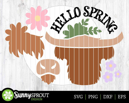 Hello Spring Highland Cow Flower Sign, Digital download, SVG Laser cut file, Cricut, Round door hanger design