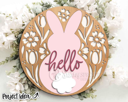 Hello Bunny Floral Pattern Sign, Digital download, SVG Laser cut file, Cricut, Round door hanger design, Spring Easter decor