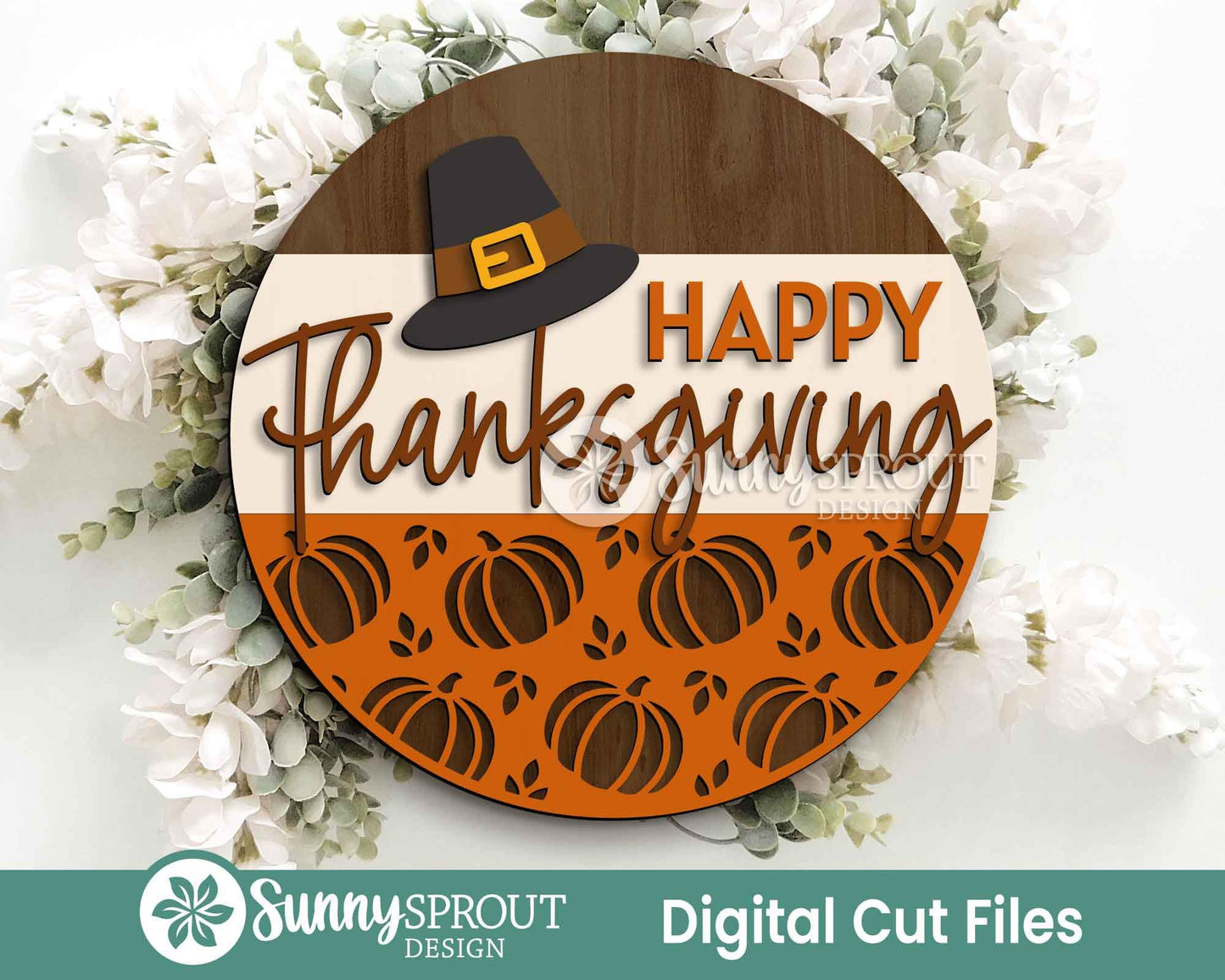 Happy Thanksgiving Pilgrim Hat Sign, Digital Download, SVG Laser Cut File, Cricut, Round Fall Door Hanger Design
