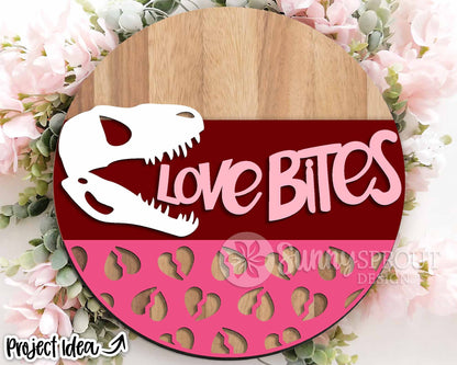Love Bites T-Rex Skull Sign, Digital Download, SVG Laser Cut File, Cricut, Round Door Hanger Wall Art Design, Funny Valentine's Day Decor