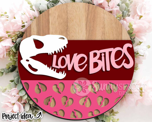 Love Bites T-Rex Skull Sign, Digital Download, SVG Laser Cut File, Cricut, Round Door Hanger Wall Art Design, Funny Valentine's Day Decor