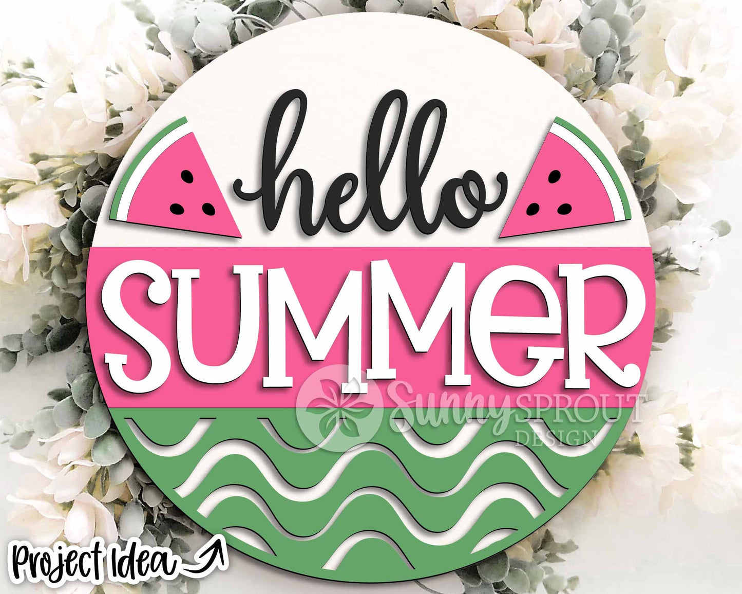 Hello Summer Watermelon Sign, Digital Download, SVG Laser Cut File, Round Door Hanger Design