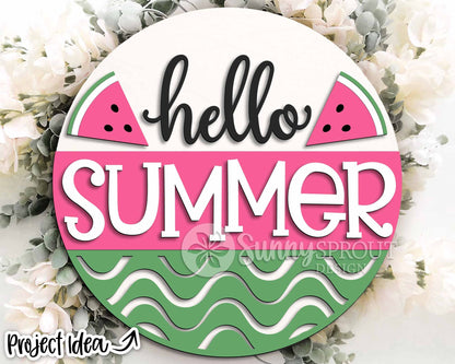 Hello Summer Watermelon Sign, Digital Download, SVG Laser Cut File, Round Door Hanger Design