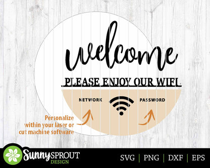 Welcome Wifi Password Sign, Digital Download, SVG Laser Cut File, Cricut, Personalized Rental Home Round Door Hanger Design