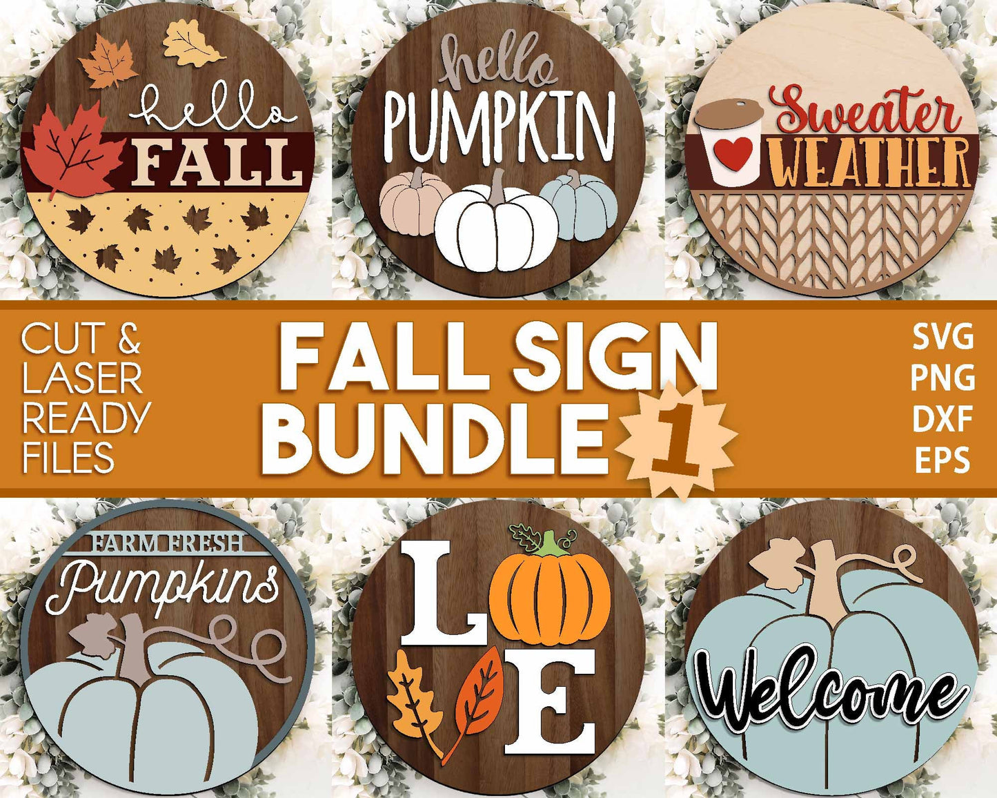 Fall Laser Sign Bundle, Round door hanger, Glowforge laser file, Cricut cut file, Silhouette, Autumn welcome sign svg