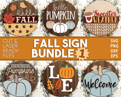 Fall Laser Sign Bundle, Round door hanger, Glowforge laser file, Cricut cut file, Silhouette, Autumn welcome sign svg
