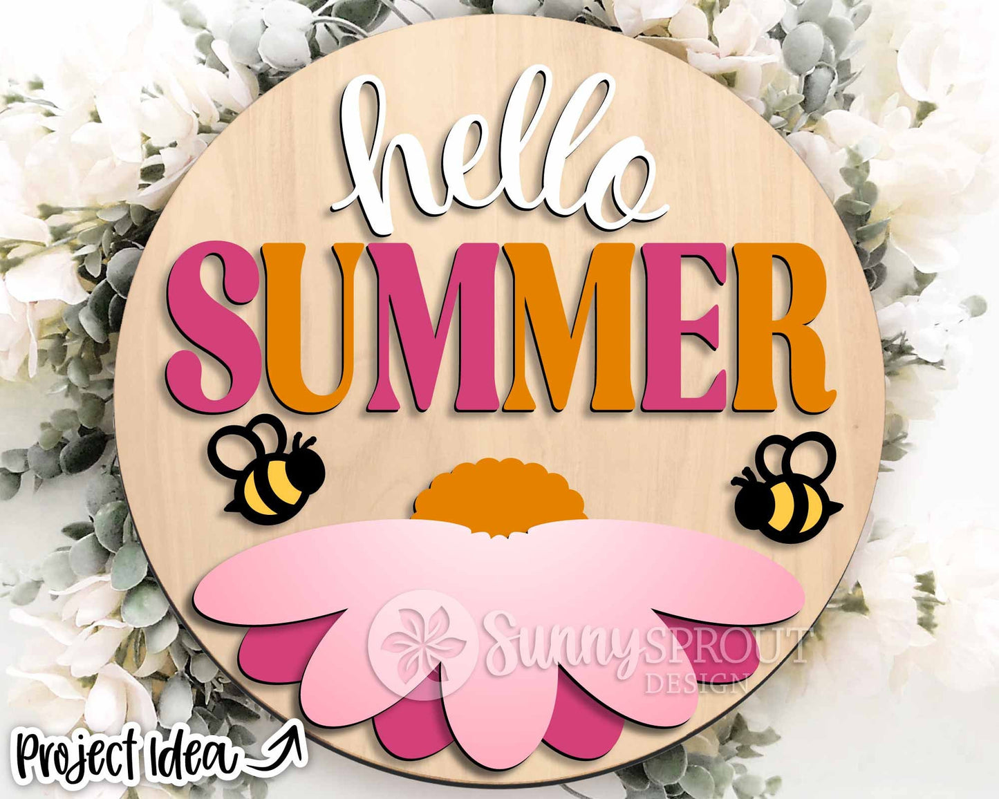 Hello Summer Bee Flower Sign, Digital Download, SVG Laser Cut File, Cricut, Round Door Hanger Design