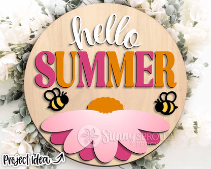 Hello Summer Bee Flower Sign, Digital Download, SVG Laser Cut File, Cricut, Round Door Hanger Design