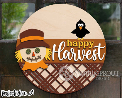 Happy Harvest Scarecrow Sign, Digital Download, SVG Laser Cut File, Cricut, Round Fall Door Hanger Design, Farm Decor