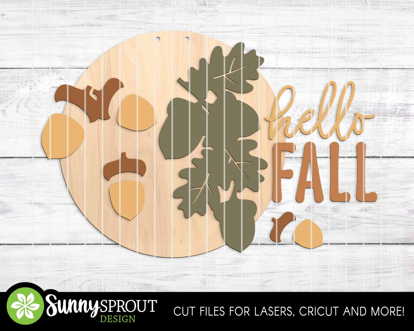 Hello Fall Acorn Oak Leaves Sign, Digital Download, SVG Laser Cut File, Cricut, Round Autumn Door Hanger Design