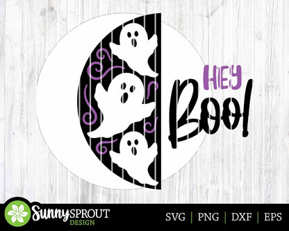 Hey Boo Vertical Ghost Pattern Sign, Digital Download, SVG Laser Cut File, Cricut, Round Halloween Welcome Door Hanger Design