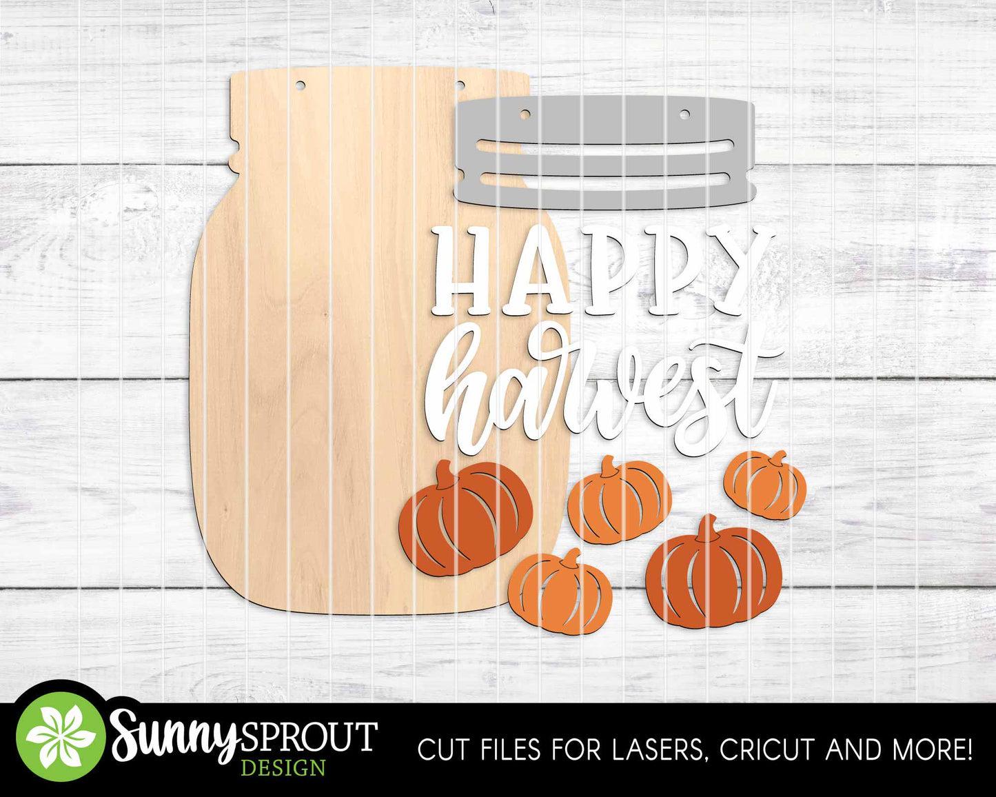 Happy Harvest Mason Jar Pumpkin Sign, Digital Download, SVG Laser Cut File, Cricut, Fall Farm Door Hanger Design
