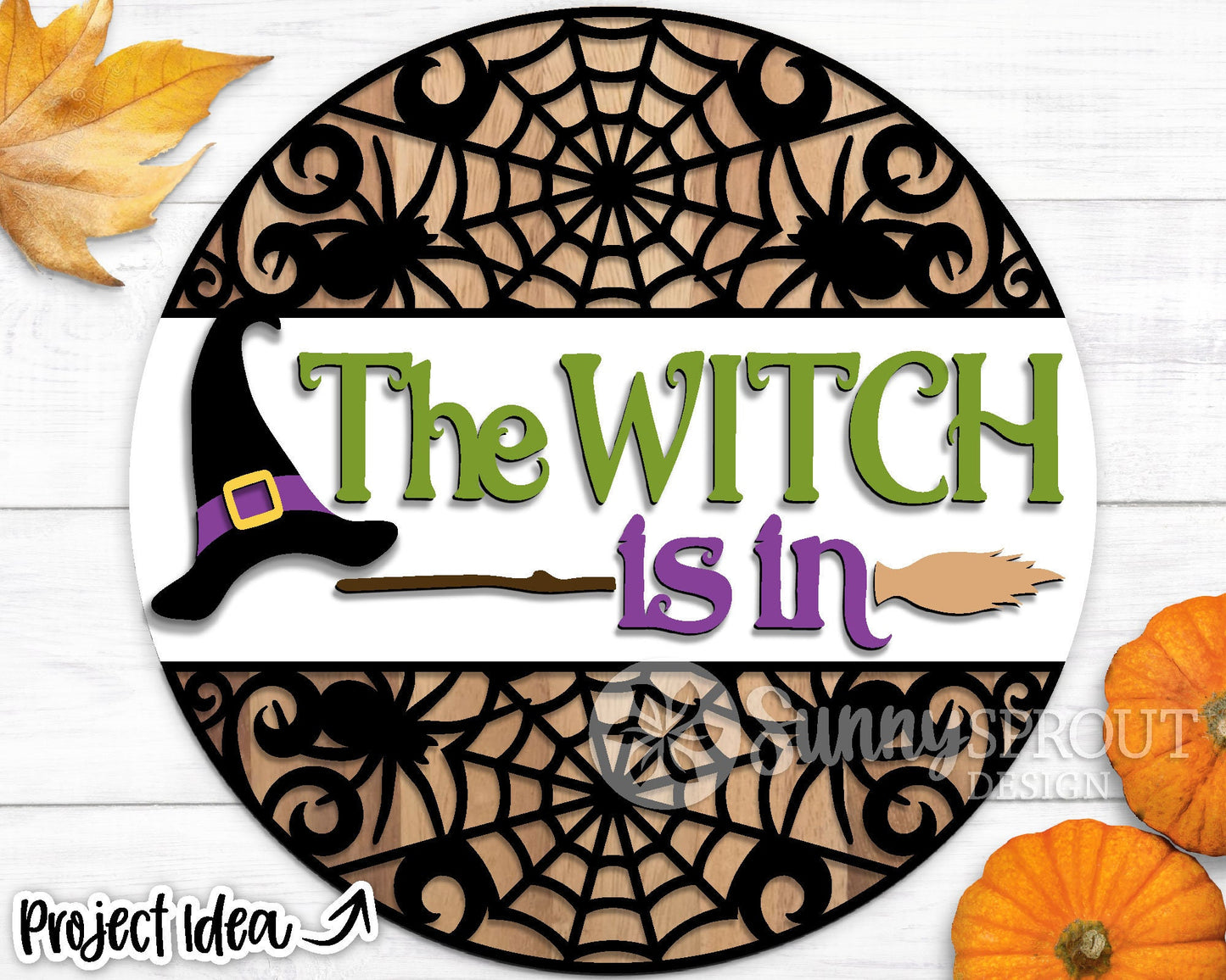 The Witch Is In Spiderweb Sign, Digital Download, SVG Laser Cut File, Cricut, Round Halloween Door Hanger Design