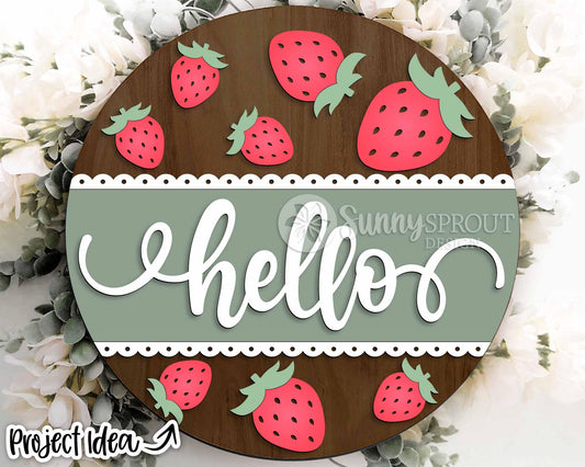 Hello Strawberry Sign, Digital Download, SVG Laser Cut File, Summer Round Door Hanger Design