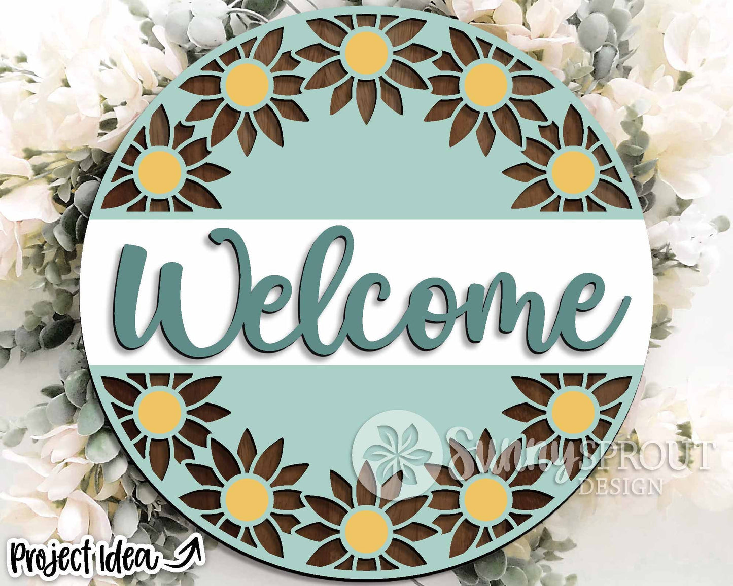 Welcome Round Sunflower Sign, Digital Download, SVG Laser Cut File, Cricut, Flower Round Door Hanger Design