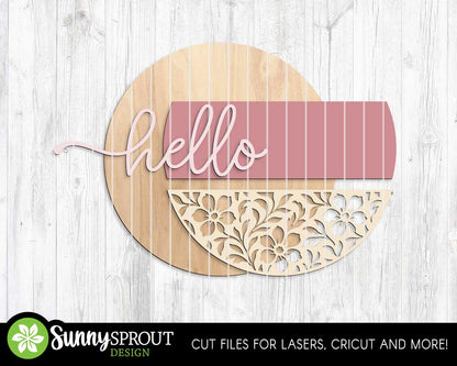 Hello Floral Welcome Sign SVG, Digital Download, SVG Laser Cut File, Cricut, Spring Summer Round Door Hanger Design