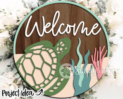 Beach Theme Sign Bundle, Round door hanger svg, Glowforge laser file, Cricut, Front door welcome sign, Ocean decor svg