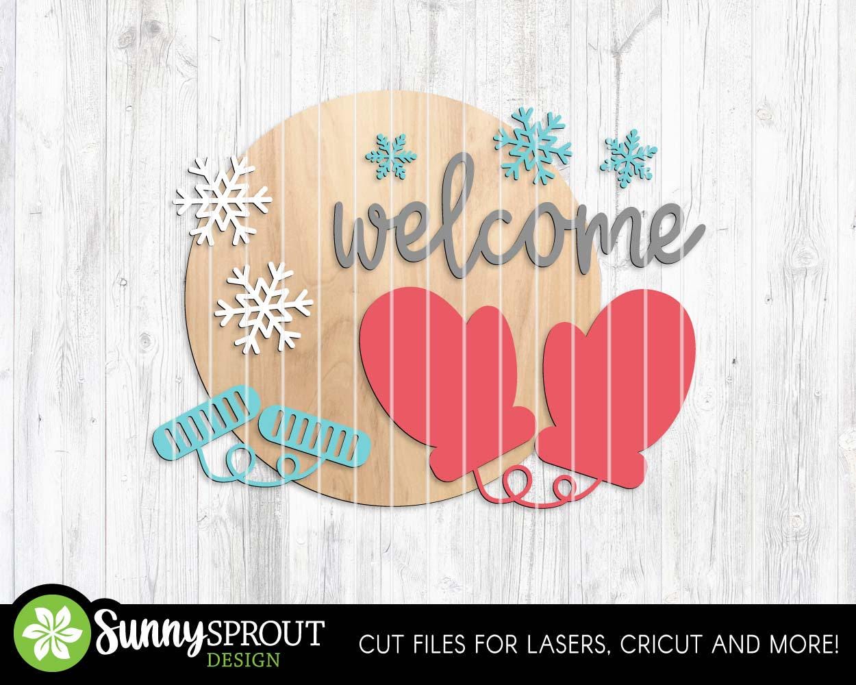 Welcome Snowflake Mittens Sign, Round door hanger svg, Glowforge laser file, Cricut, Winter door decor, Christmas holiday