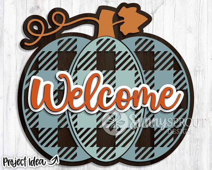 Welcome Checker Pumpkin Sign, Digital Download, SVG Laser Cut File, Cricut, Round Fall Door Hanger Design