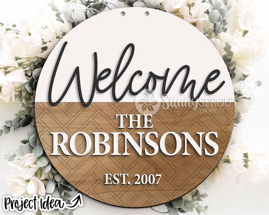 Family Name Herringbone Welcome Sign, Digital Download, SVG Laser Cut File, Cricut, Modern Farmhouse Round Door Hanger Design