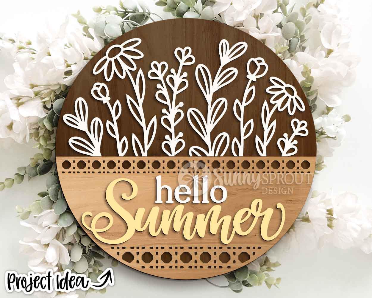 Hello Summer Wildflowers Rattan Pattern Sign, Digital Download, SVG Laser Cut File, Cricut, Round Door Hanger Design