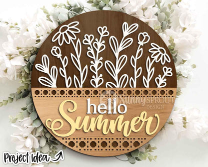 Hello Summer Wildflowers Rattan Pattern Sign, Digital Download, SVG Laser Cut File, Cricut, Round Door Hanger Design