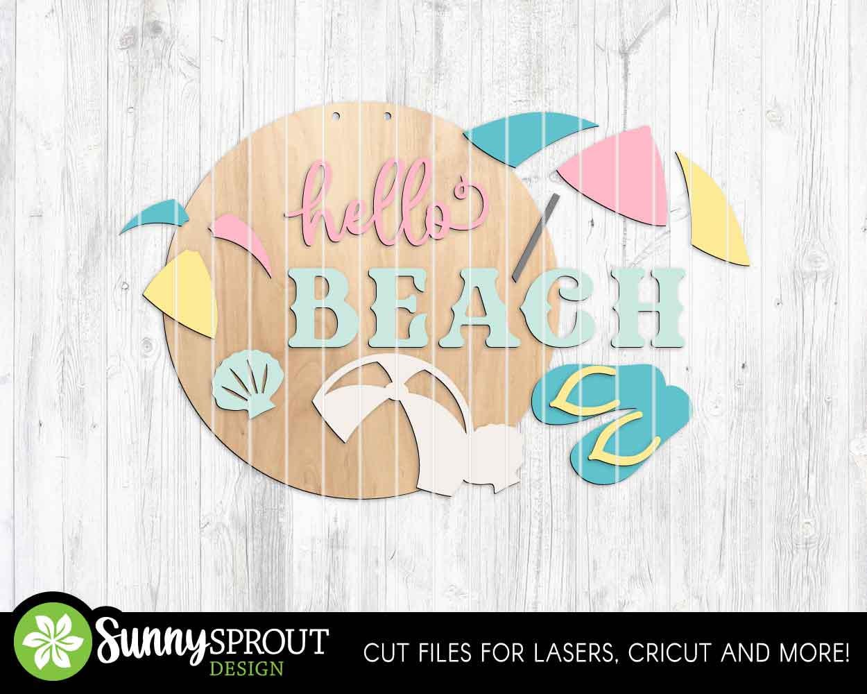 Hello Beach Umbrella Beachball Sign, Digital download, SVG laser cut file, Cricut, Round door hanger design, Ocean coastal decor