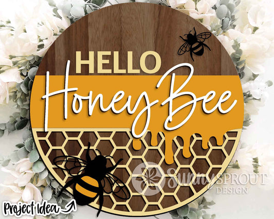 Hello Honey Bee Honeycomb Sign, Digital Download, SVG Laser Cut File, Cricut, Summer Round Door Hanger Design