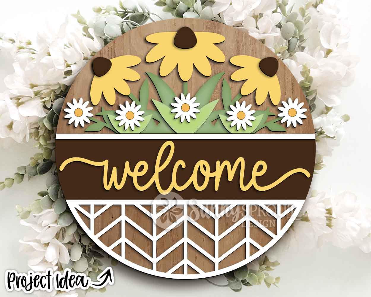 Welcome Geometric Floral Sign, Digital Download, SVG Laser Cut File, Cricut, Spring Summer Fall Round Door Hanger Design