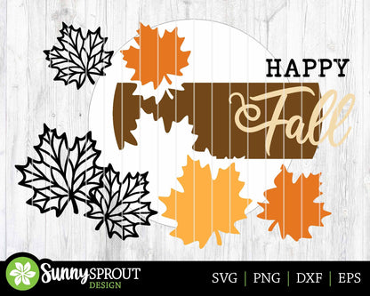 Happy Fall Maple Leaves Sign, Digital Download, SVG Laser Cut File, Cricut, Round Fall Door Hanger Design