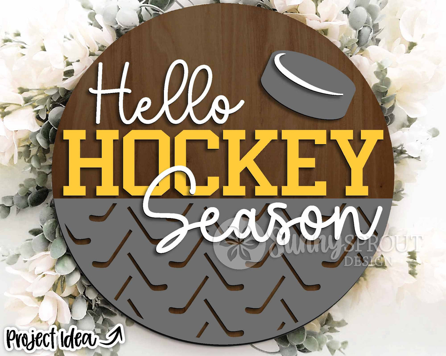 Hello Hockey Season Sign, Digital Download, SVG Laser Cut File, Cricut, Round Door Hanger Design, Sports Decor