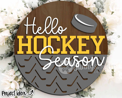 Hello Hockey Season Sign, Digital Download, SVG Laser Cut File, Cricut, Round Door Hanger Design, Sports Decor