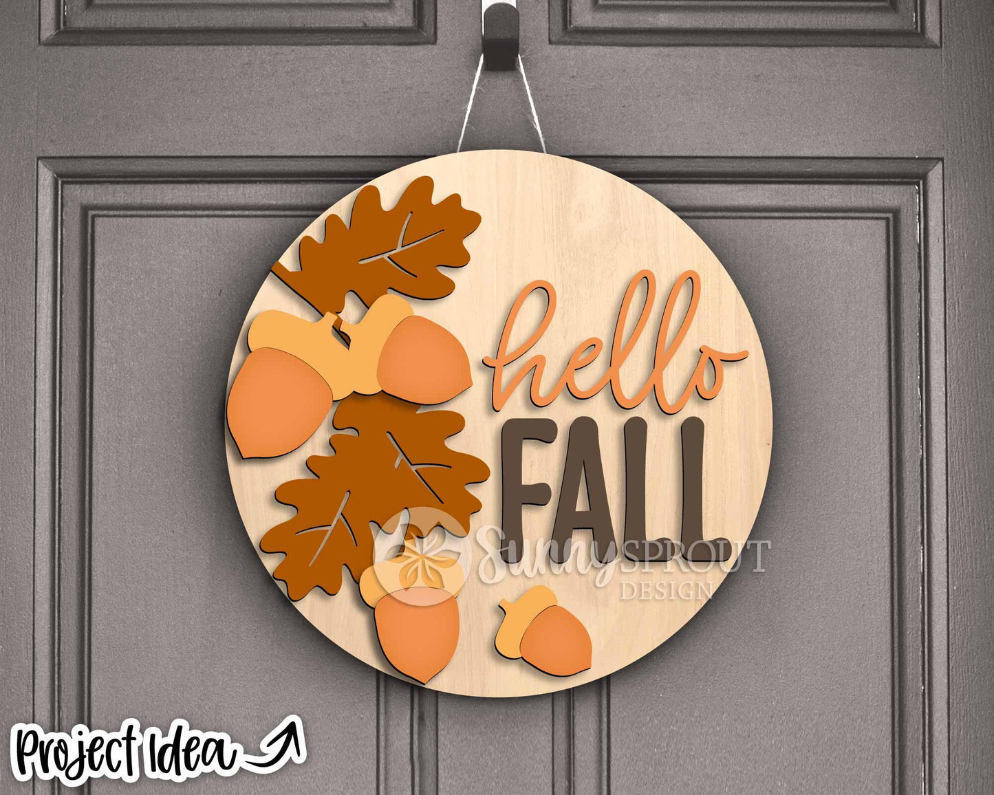 Hello Fall Acorn Oak Leaves Sign, Digital Download, SVG Laser Cut File, Cricut, Round Autumn Door Hanger Design