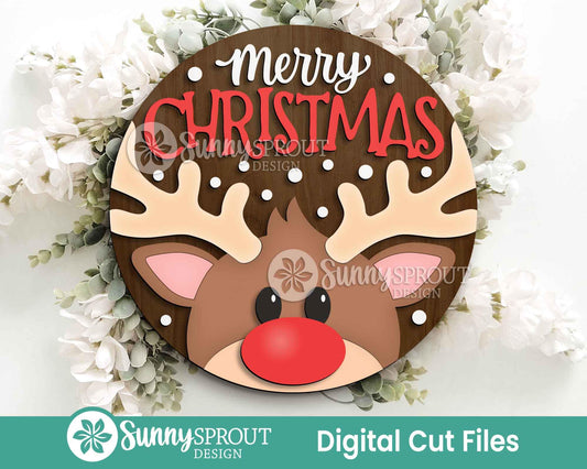 Merry Christmas Reindeer Sign, Digital Download, SVG Laser Cut File, Cricut, Round Door Hanger Design